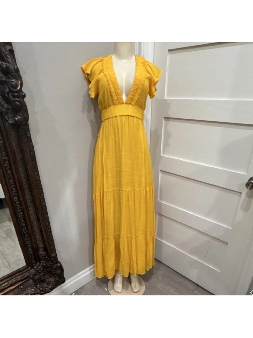 Pink Lily Yellow Ruffle V-Neck Maxi Dress